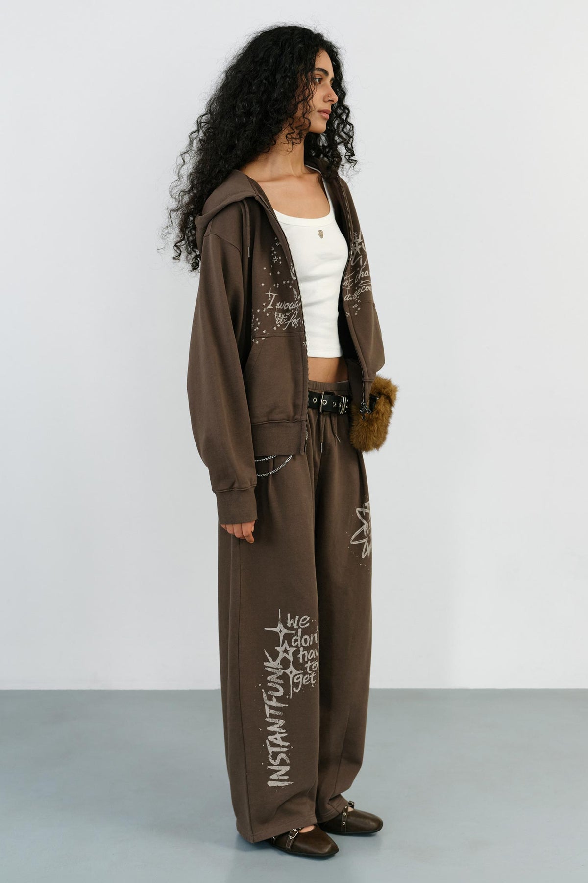 Instantfunk Washed Graphic Zip Up Hoodie - Brown