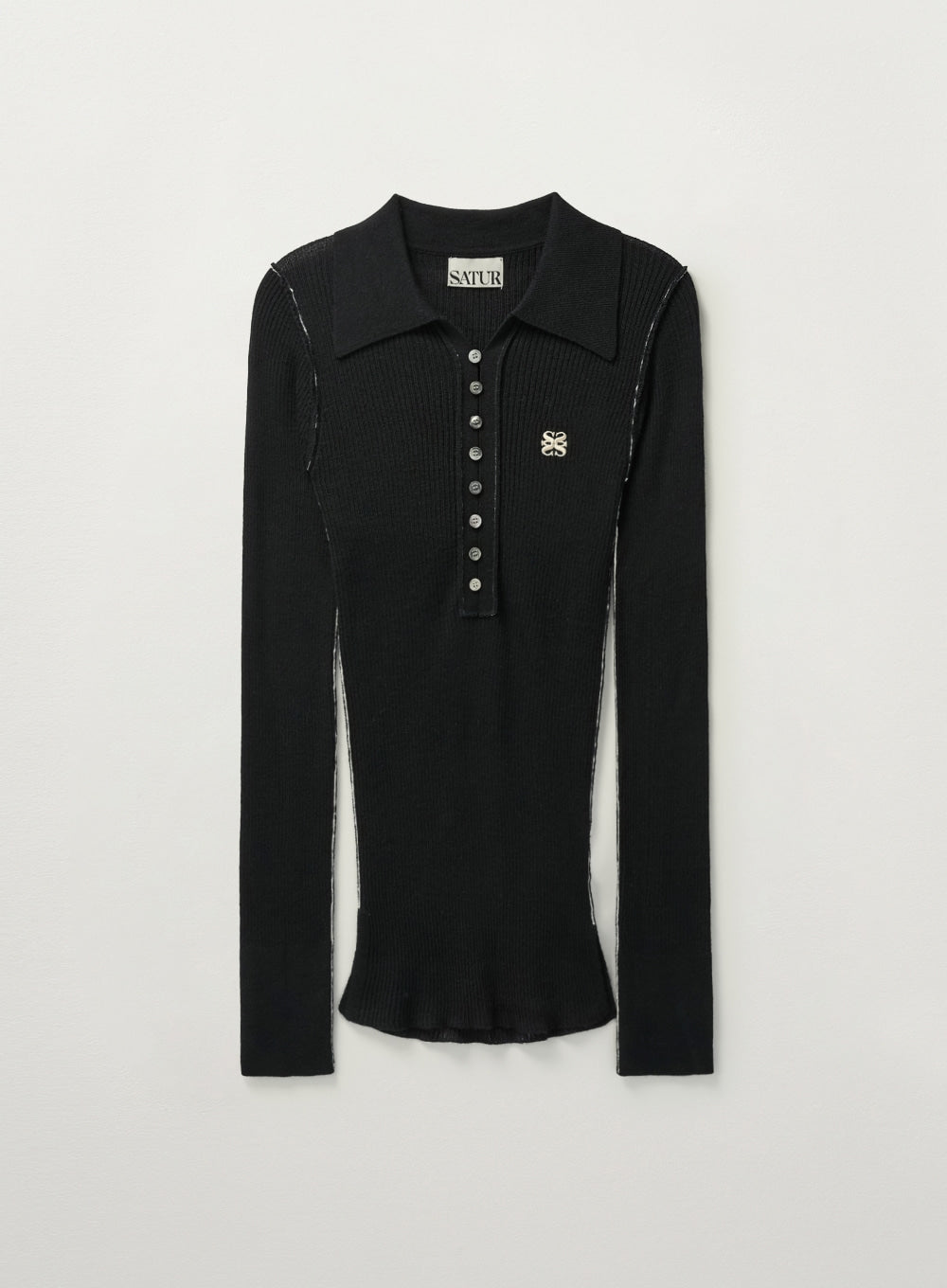 [satur] (W) Collar Button Long Sleeve Knit - Black
