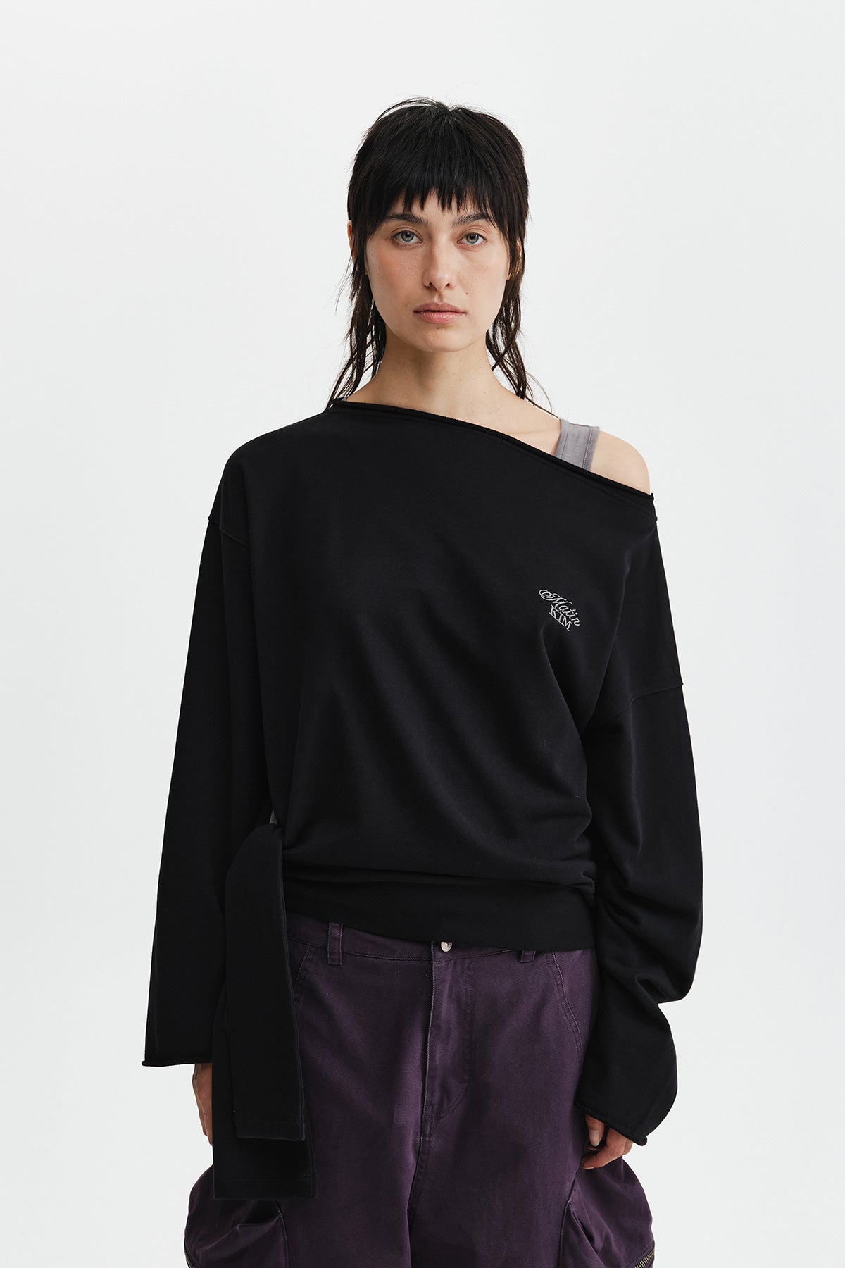 Matinkim Back Logo Raw Cut Boat Neck Top IN Black