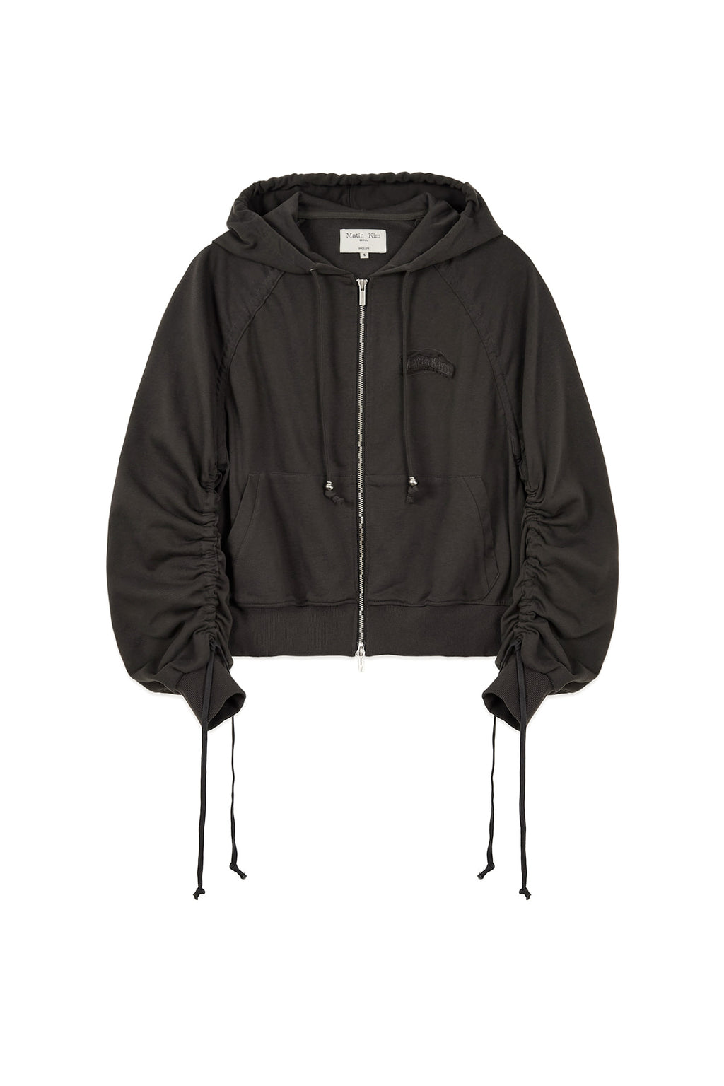 [matinkim] SLEEVE STRING DETAIL HOODY ZIP UP IN CHARCOAL