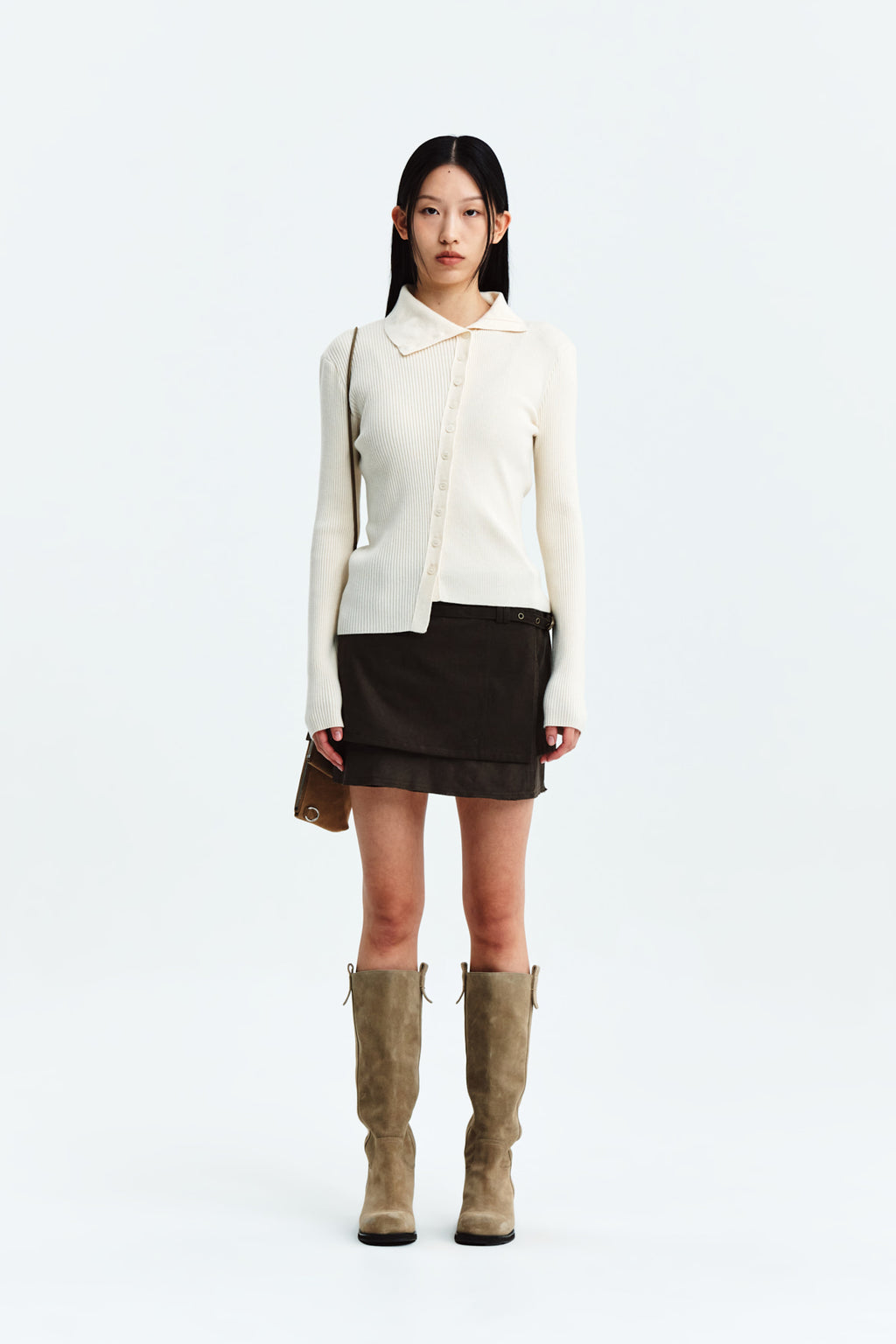 [matinkim] LAYERED BELTED MINI SKIRT IN KHAKI BROWN