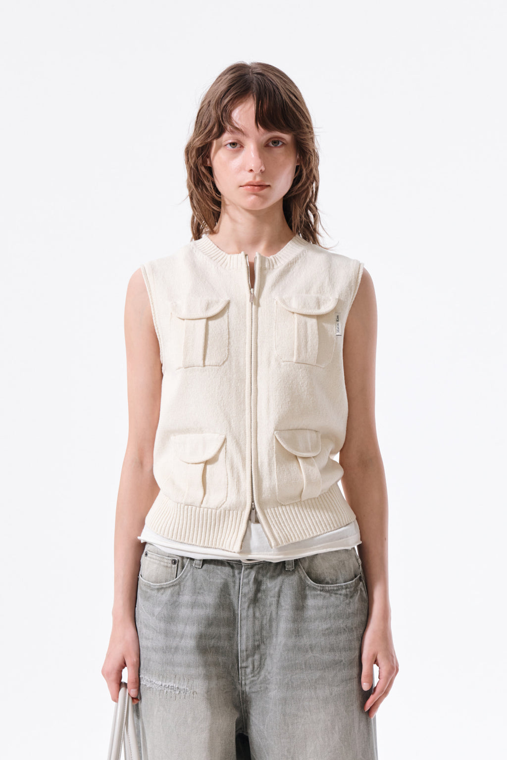 [matinkim] Pocket Washed Knit Vest IN Light Beige