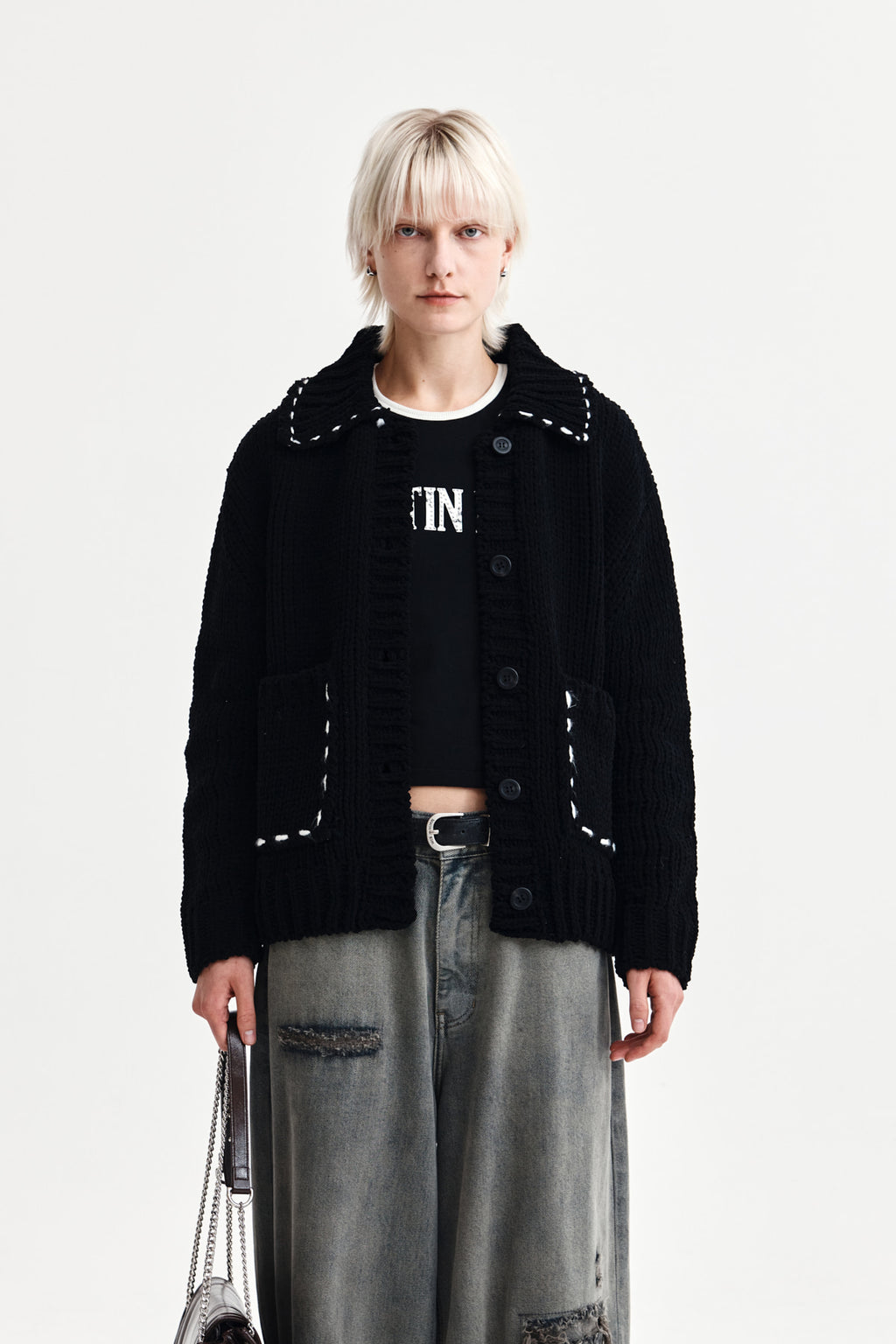 [matinkim] Handmade Collar Knit Cardigan For Women IN Black