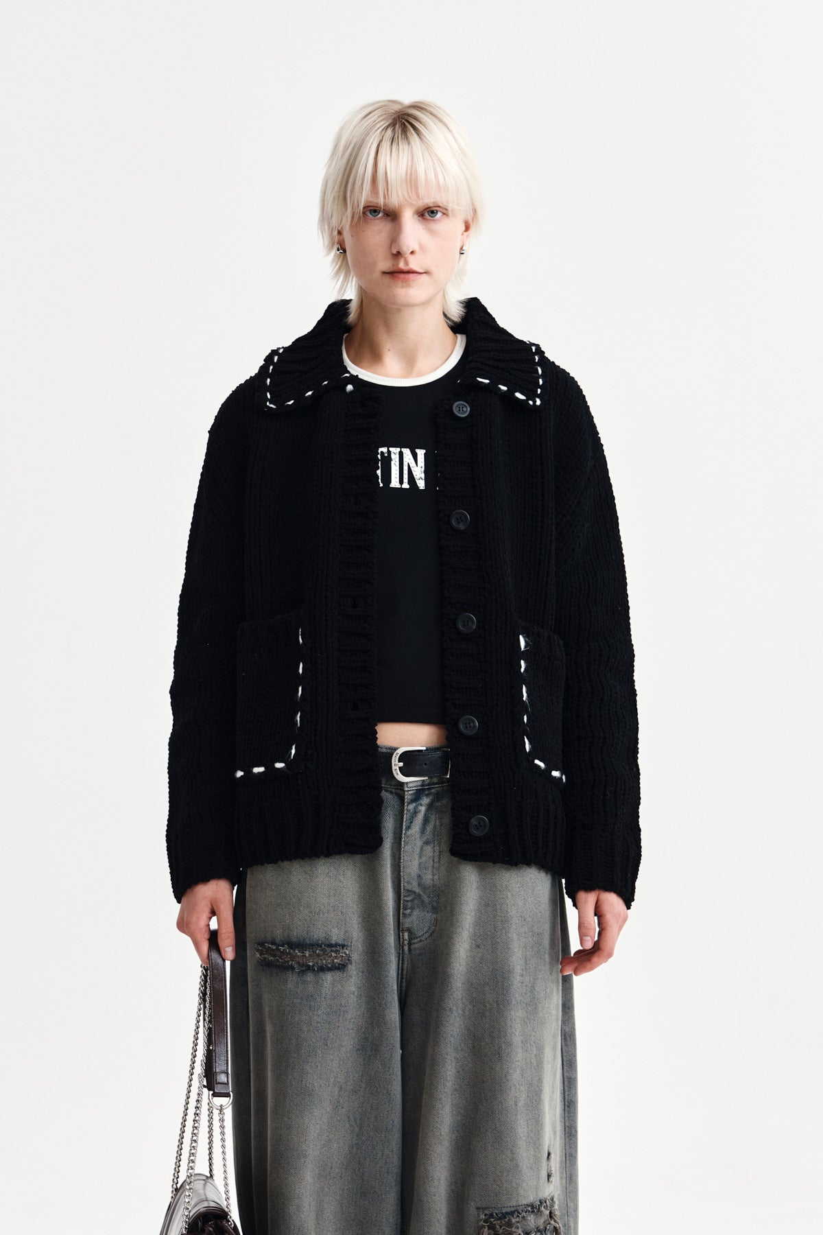 [matinkim] Handmade Collar Knit Cardigan For Women IN Black