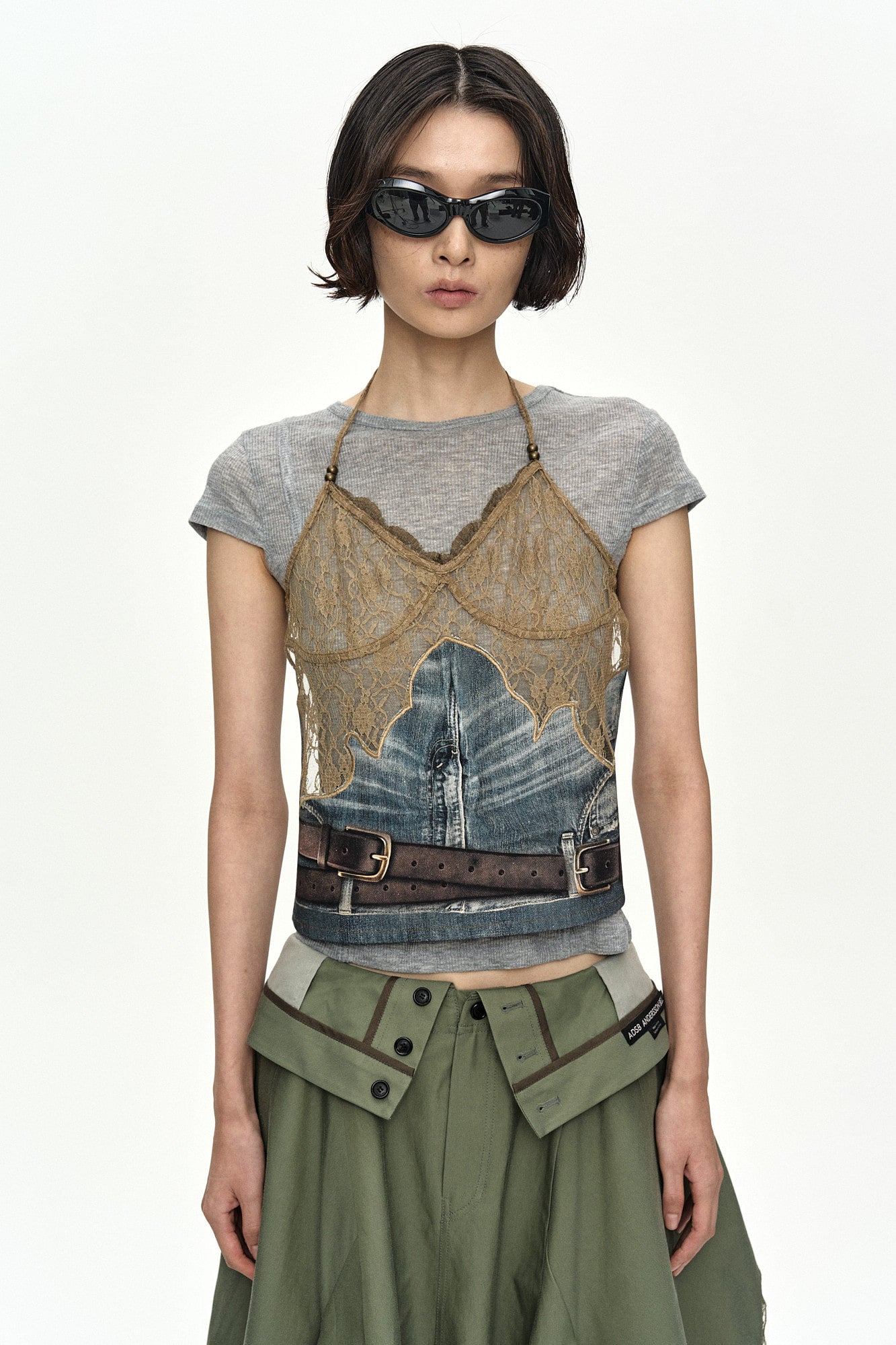 Andersson Bell Belted Denim Printed Lace Bustier