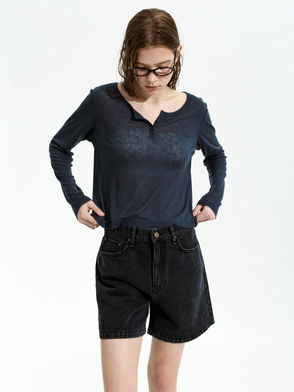 Low Classic See-Through Henry Neck Long Sleeve T-Shirt Charcoal Navy