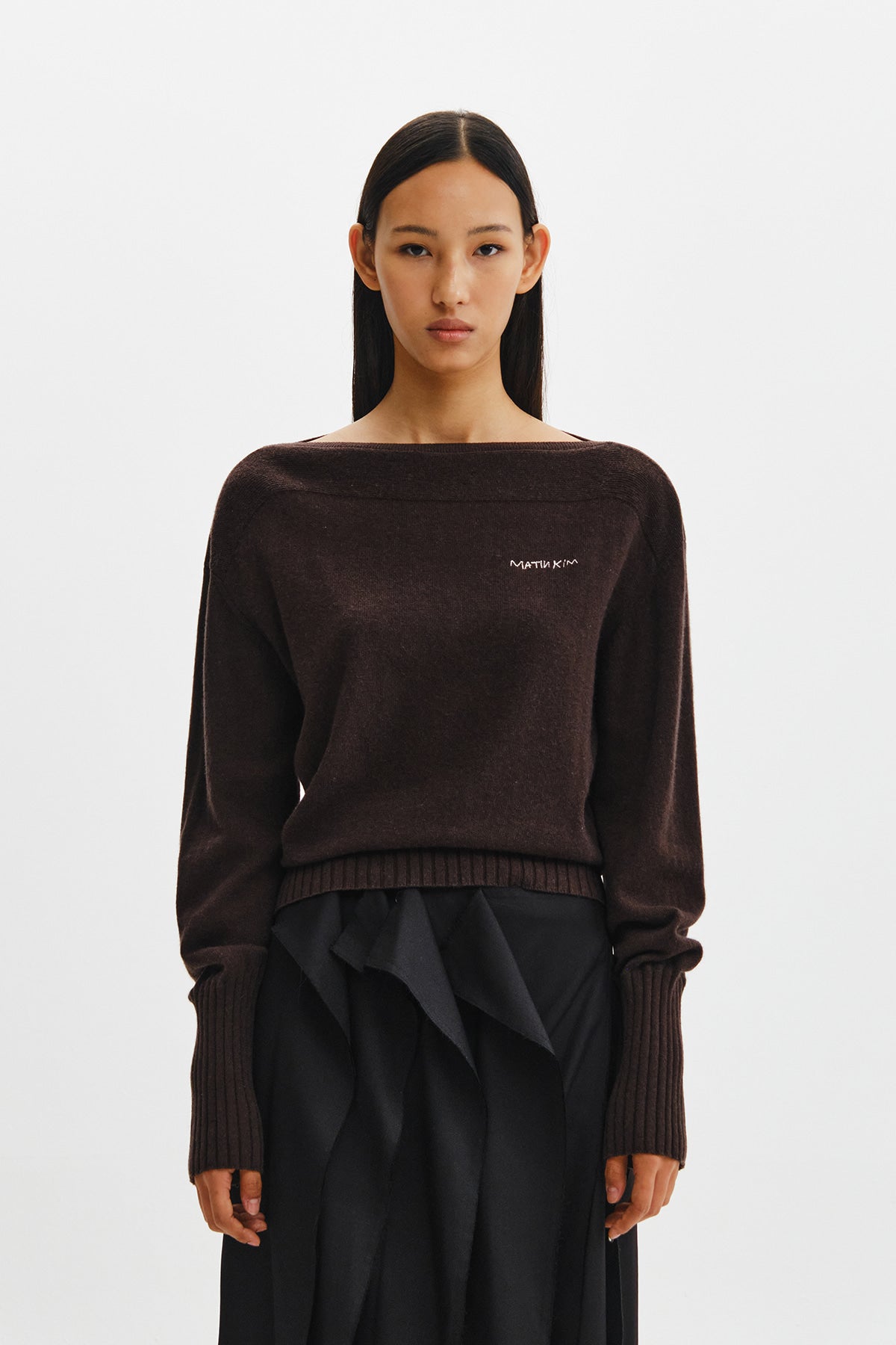 Matinkim Boat Neck Volume Sleeve Knit Pullover IN Brown