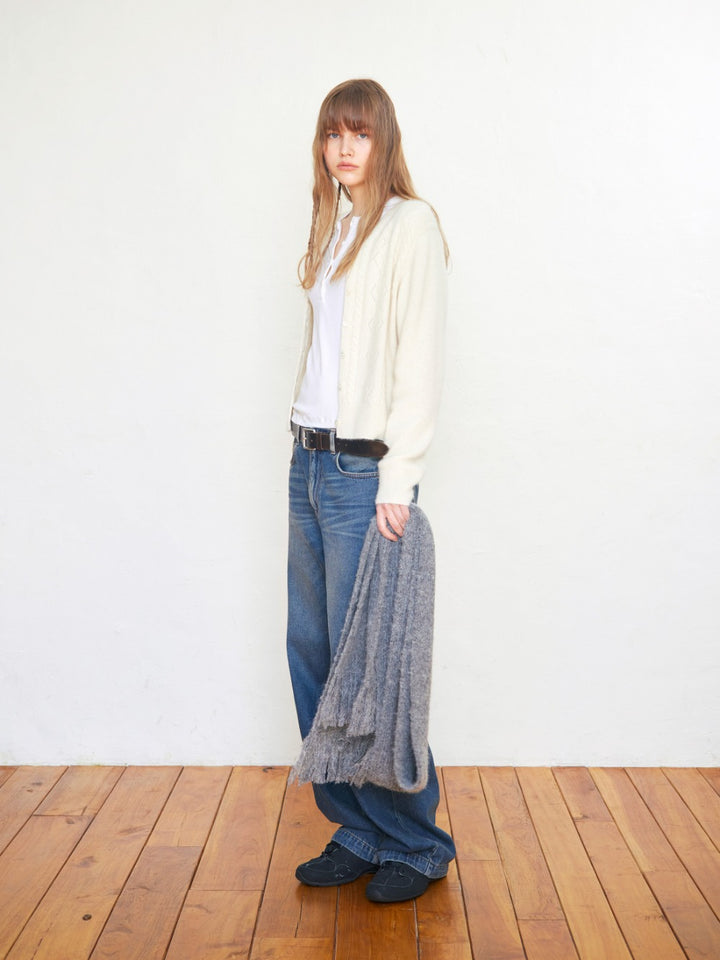 Low Classic Hairy Wool Blend Pointelle Cardigan Ivory