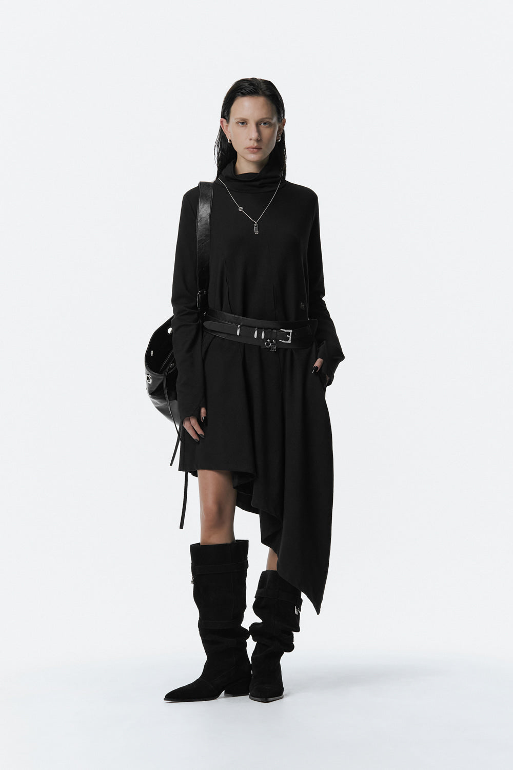 Treemingbird Turtleneck Pintuck Jersey One-piece Black