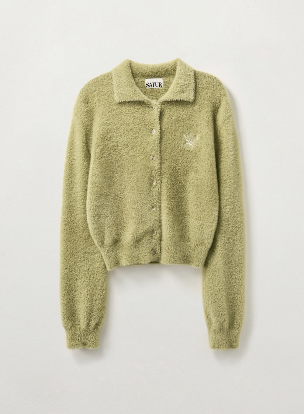 [satur] (W) Hairy Collar Knit Cardigan - Olive Green