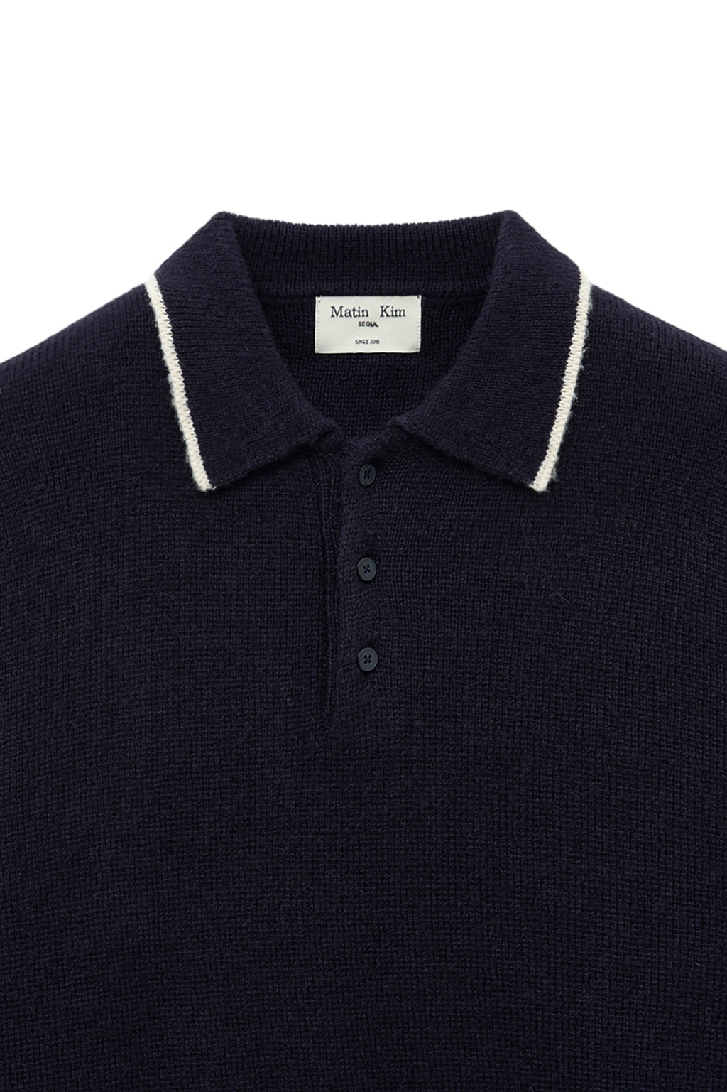 [matinkim] BACK LOGO COLLAR KNIT TOP FOR MEN IN DARK NAVY