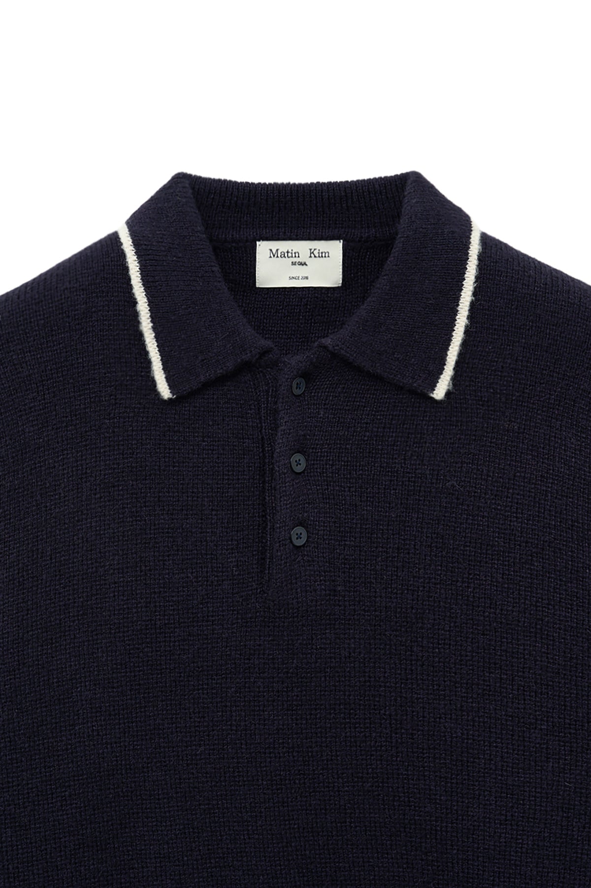 [matinkim] BACK LOGO COLLAR KNIT TOP FOR MEN IN DARK NAVY