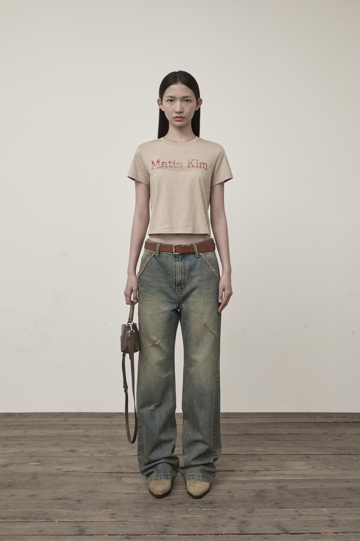 Matinkim Stamp Logo Graphic Crop Top IN Beige