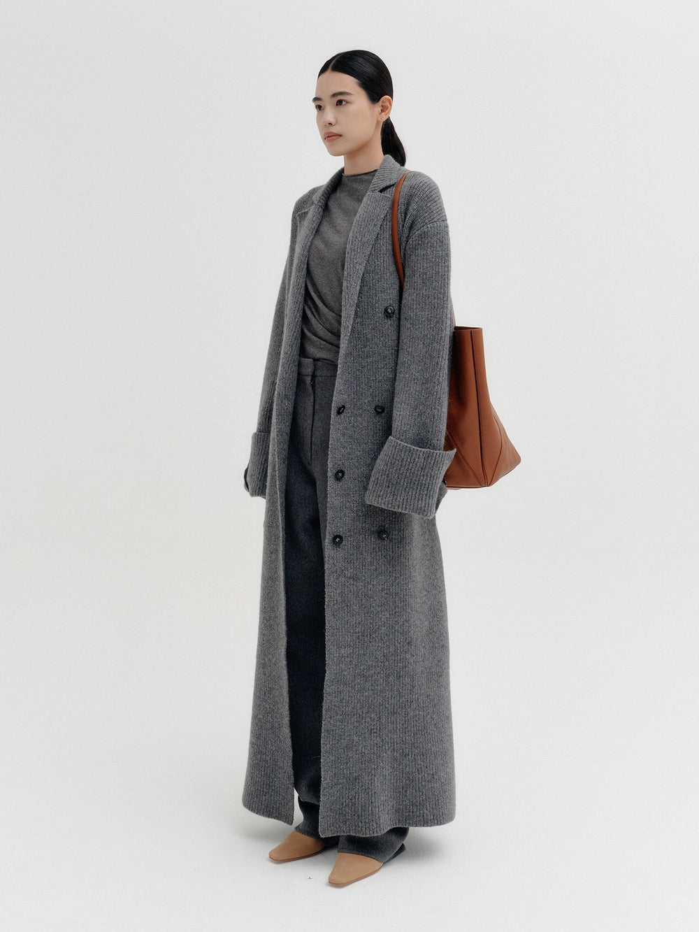 EENK Classic Double-Breasted Knitwear Coat - Gray
