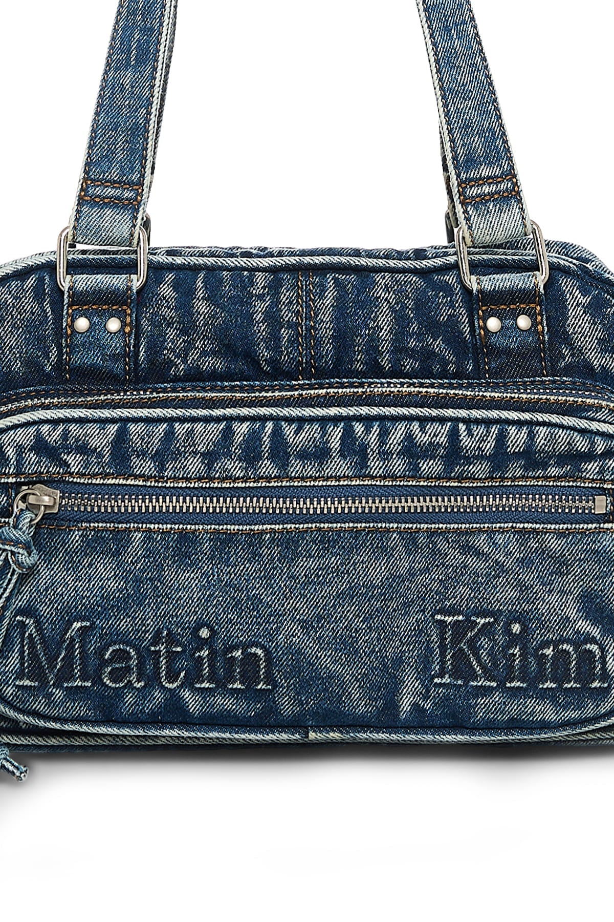 Matin Kim Blue Denim Shoulder Bag showcasing authentic Korean designer fashion with a one-pocket design.