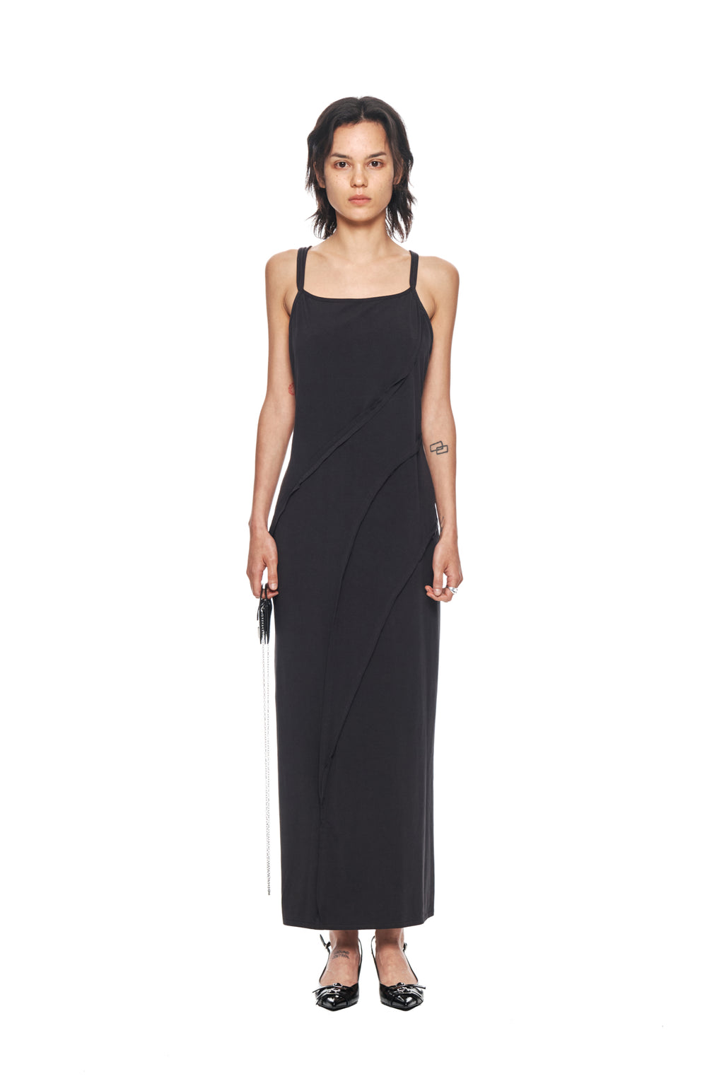 [matinkim] CUT OUT LAYERED MAXI DRESS IN CHARCOAL