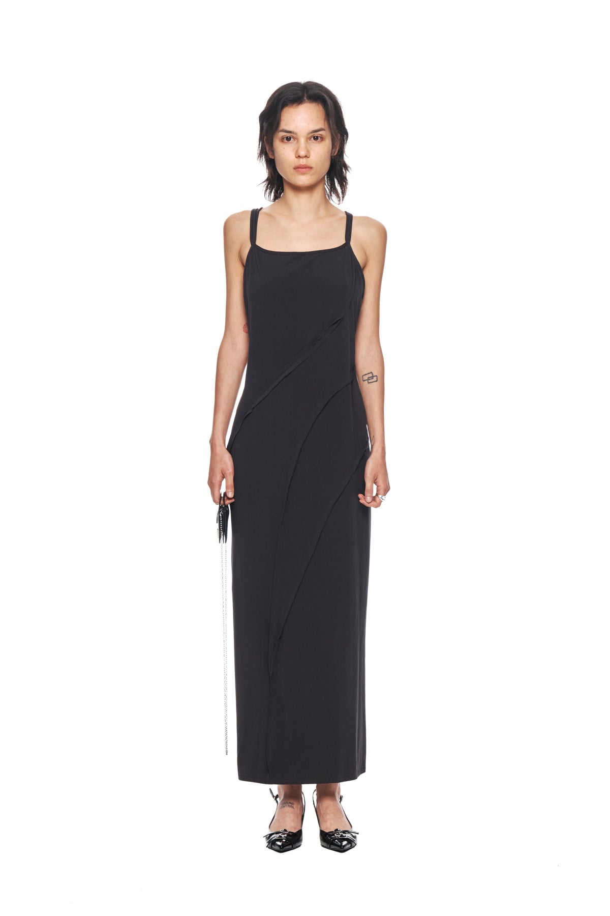 [matinkim] CUT OUT LAYERED MAXI DRESS IN CHARCOAL