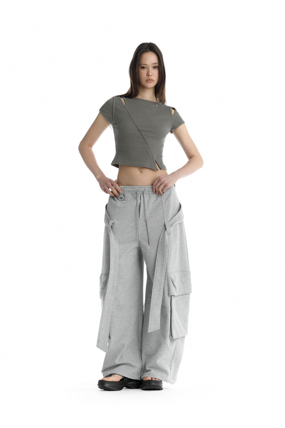 Treemingbird Utility Belted Cargo Sweat Pants Melange Gray