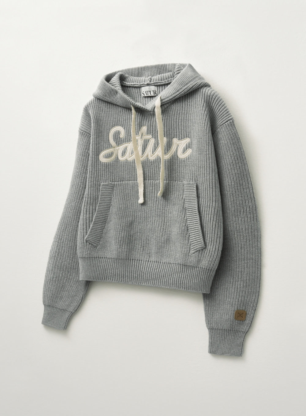 [satur] (W) Applique Logo Cashmere Blend Hood Knit - Melange Gray