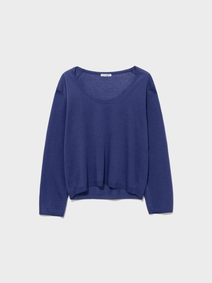 Low Classic Sheer Linen Blended Deep U-Neck Sweater Ocean Blue