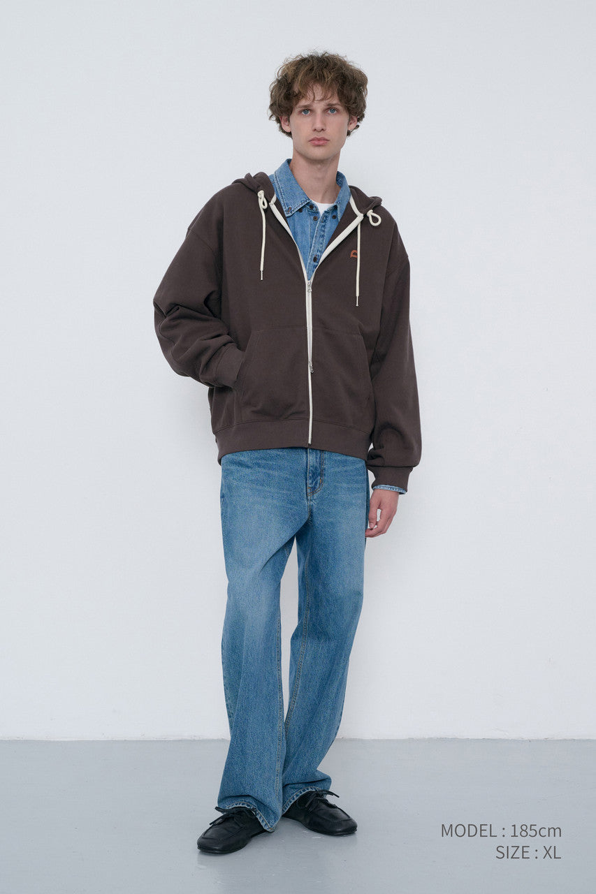 Dunst Unisex Leather Logo Zip-Up Hoodie Brown