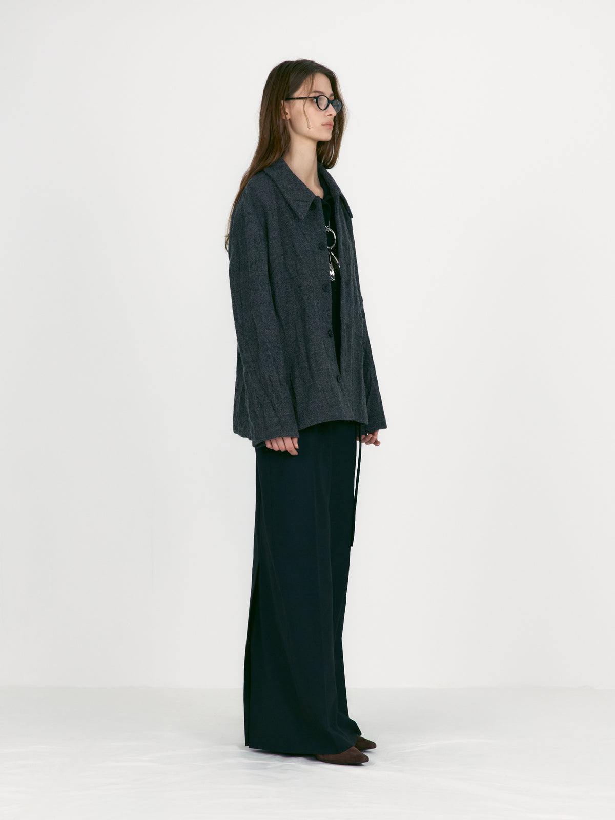 Low Classic Crumpled Wool Collar Jacket Tweed Check Grey