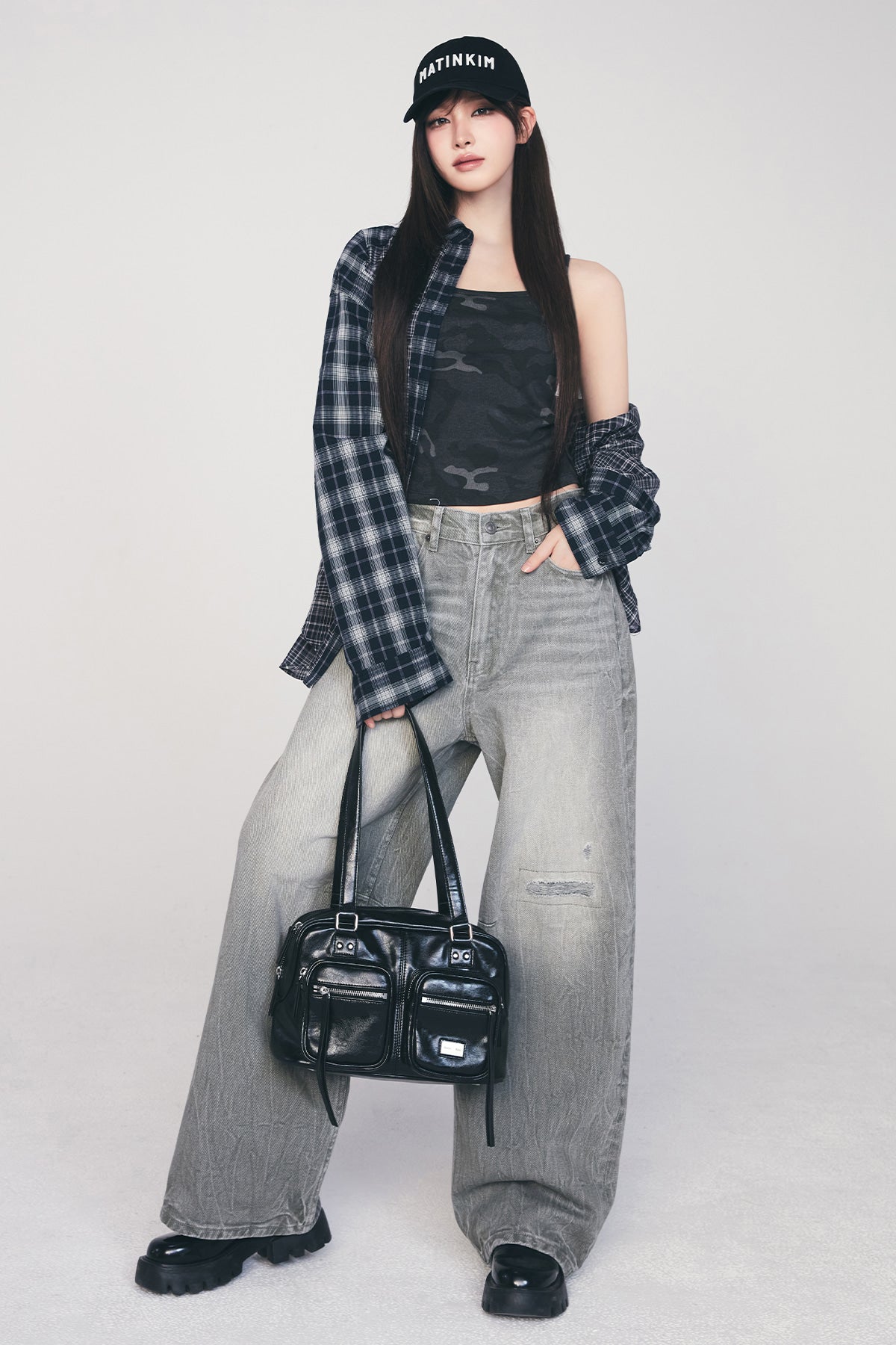 Matinkim Back Logo Washed Denim Pants IN Khaki