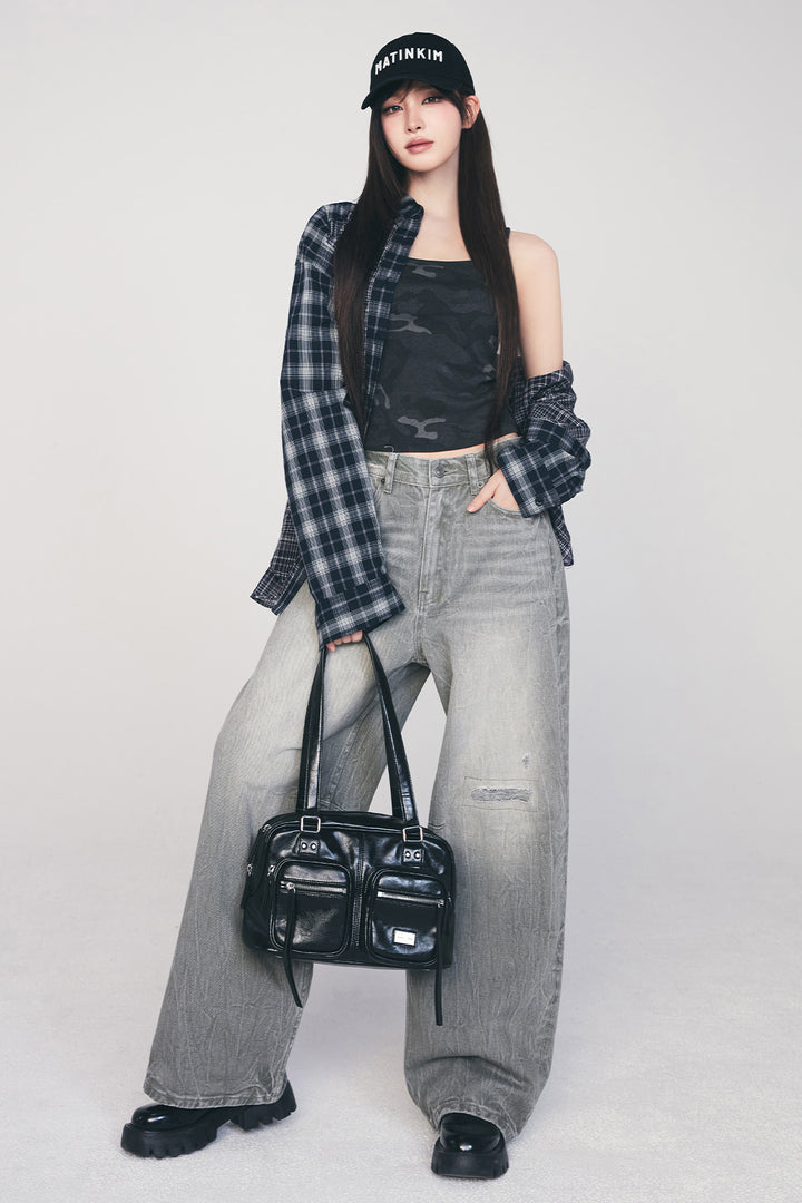 Matinkim Back Logo Washed Denim Pants IN Khaki