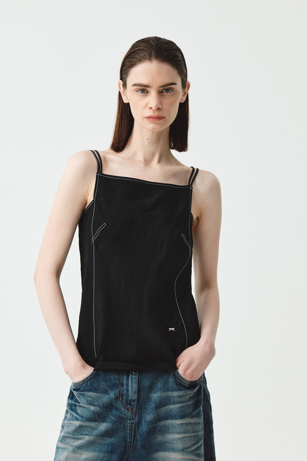 Matinkim Matin Kim Square Neck Crinkle Sleeveless IN Black