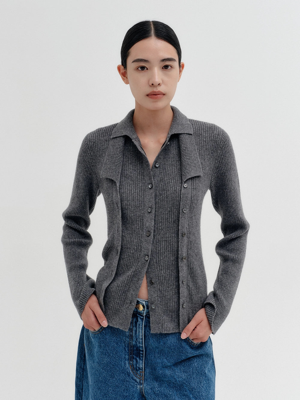 EENK Double Layer Front Cardigan - Gray