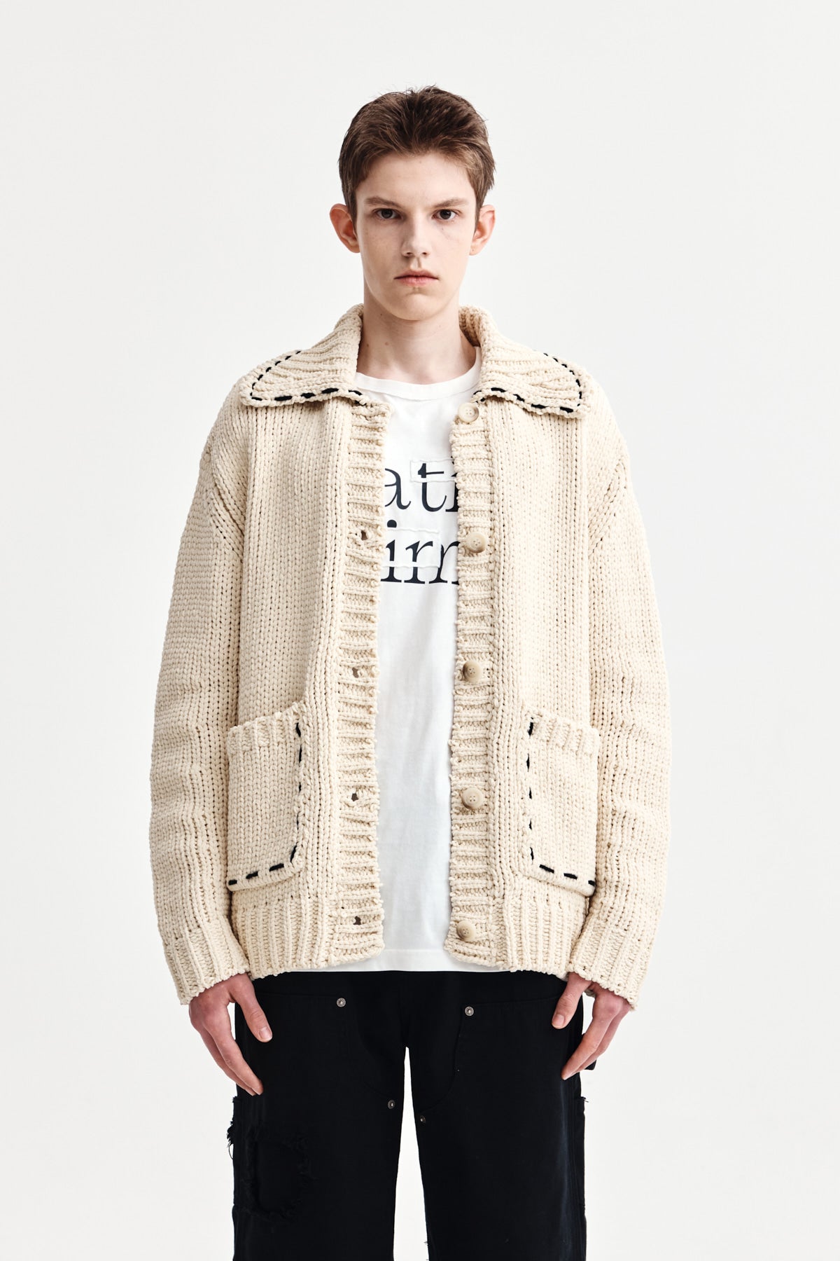 [matinkim] HANDMADE COLLAR KNIT CARDIGAN FOR MEN IN BUTTER