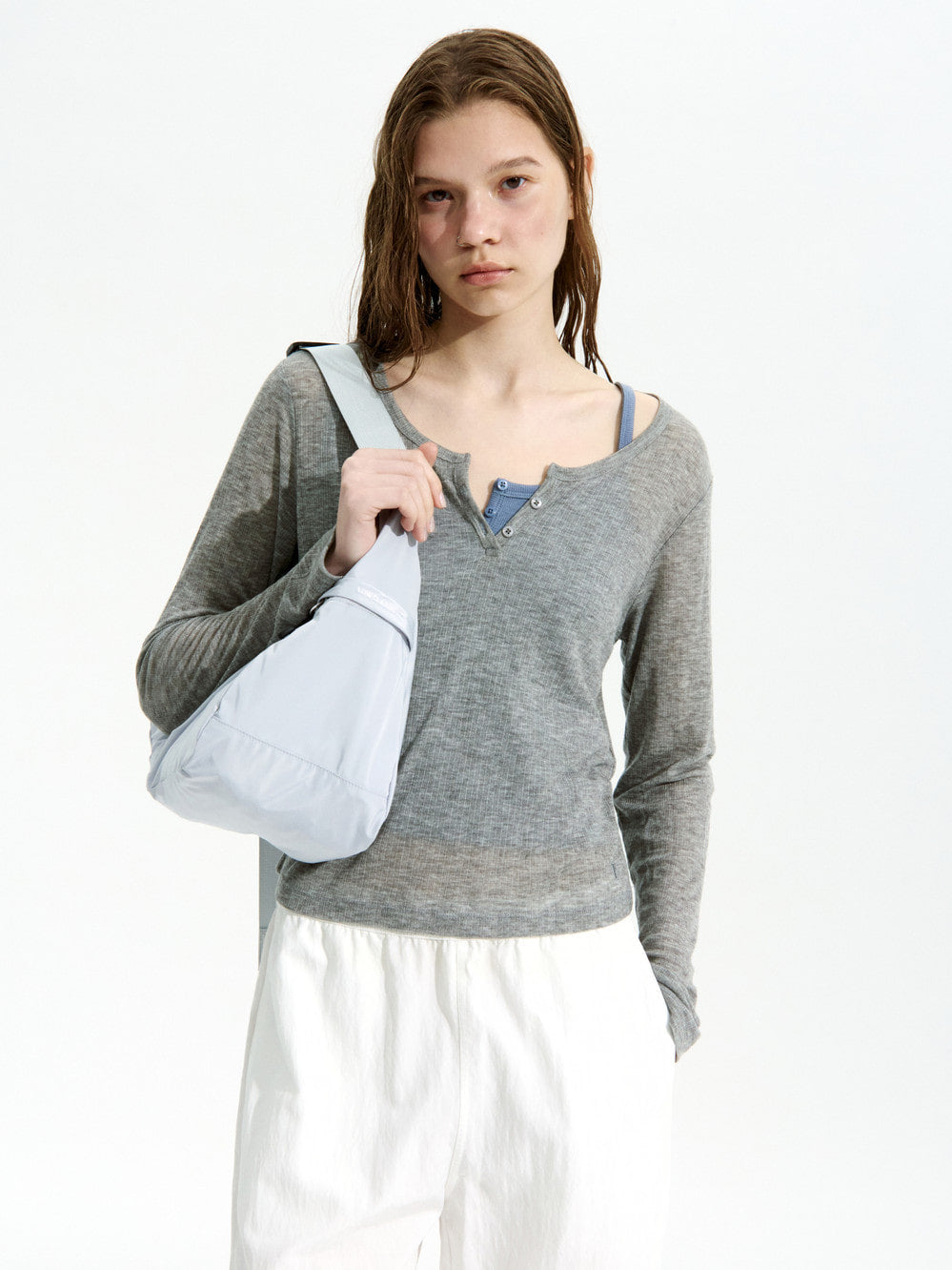 Low Classic See-Through Henry Neck Long Sleeve T-Shirt Melange Grey