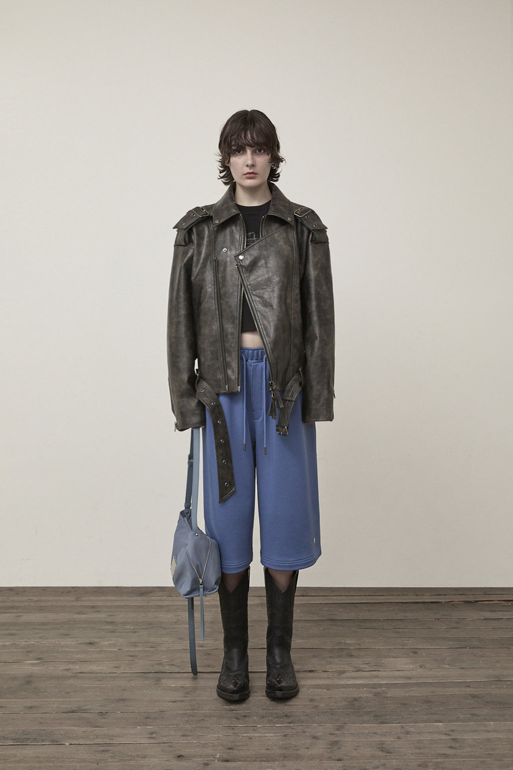 [matinkim] FAUX LEATHER BELTED RIDER JUMPER IN CHARCOAL