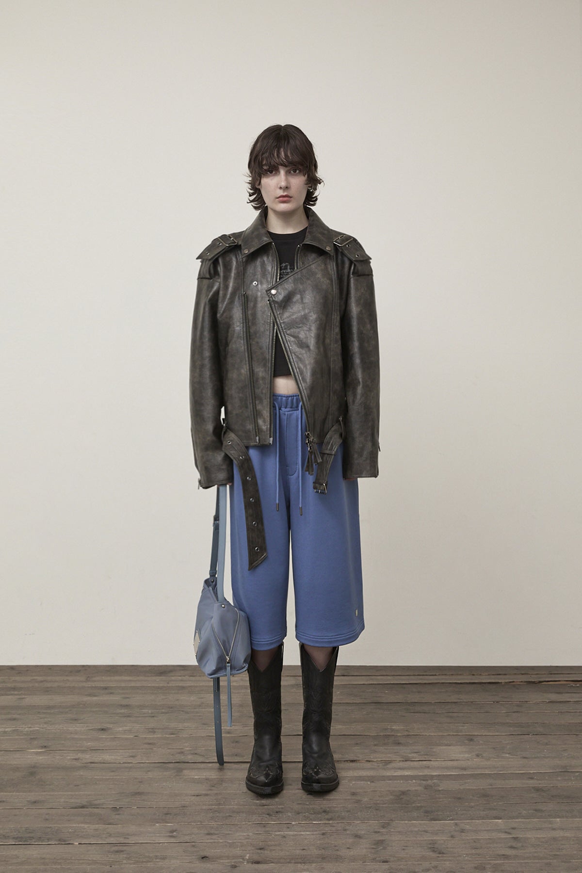 [matinkim] FAUX LEATHER BELTED RIDER JUMPER IN CHARCOAL