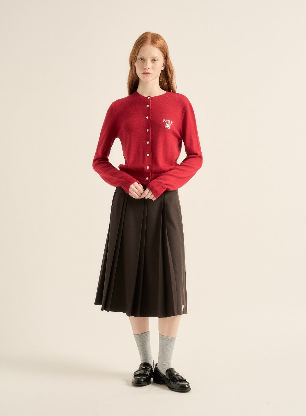 [satur] (W) Wool Pleats Skirt - Brown