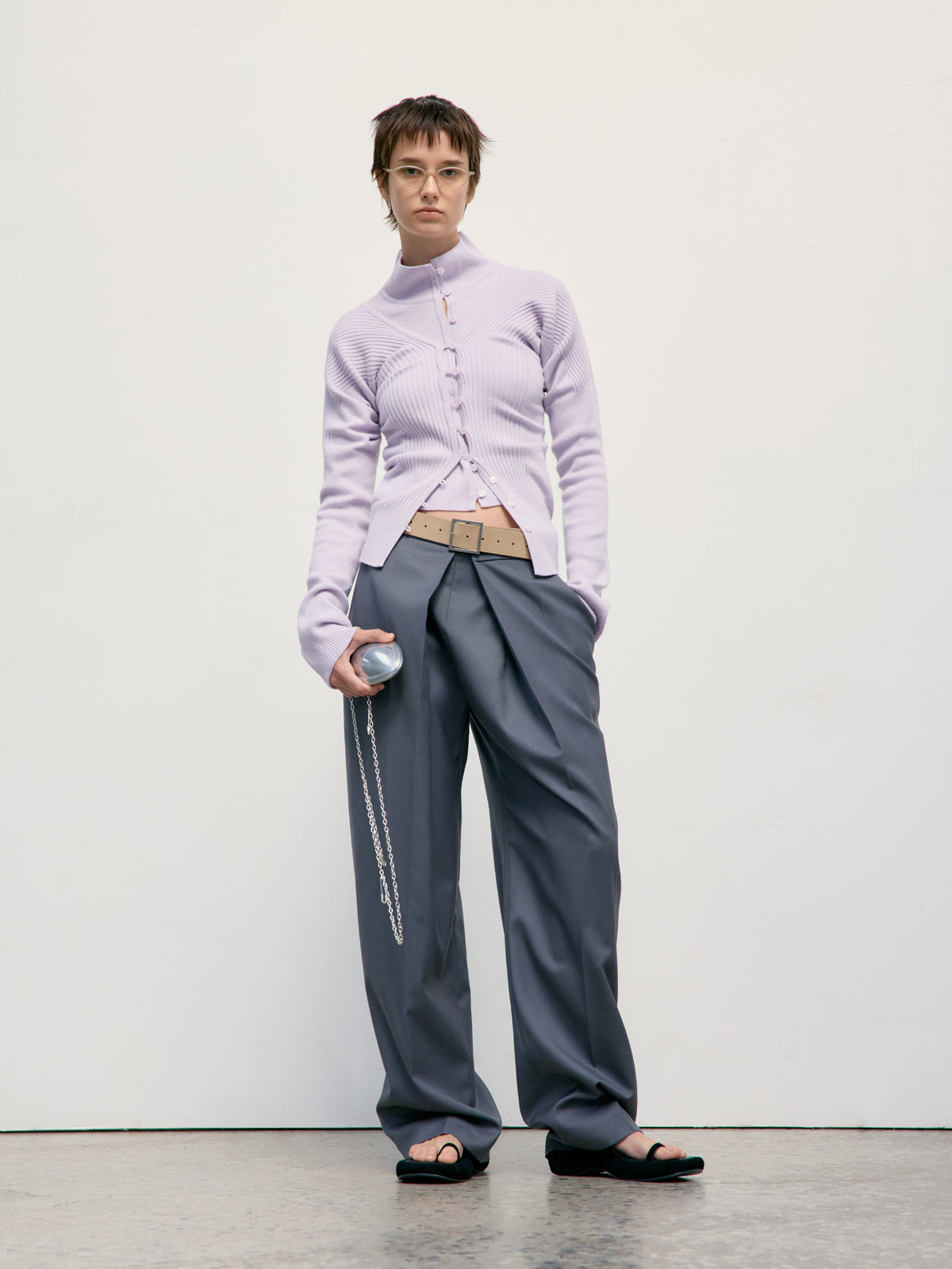 Low Classic Deep V-Neck Knit Cardigan Lavender
