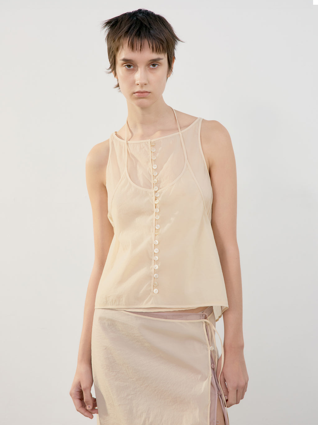 [Low Classic] See-Through Button Loop Skirt_Beige