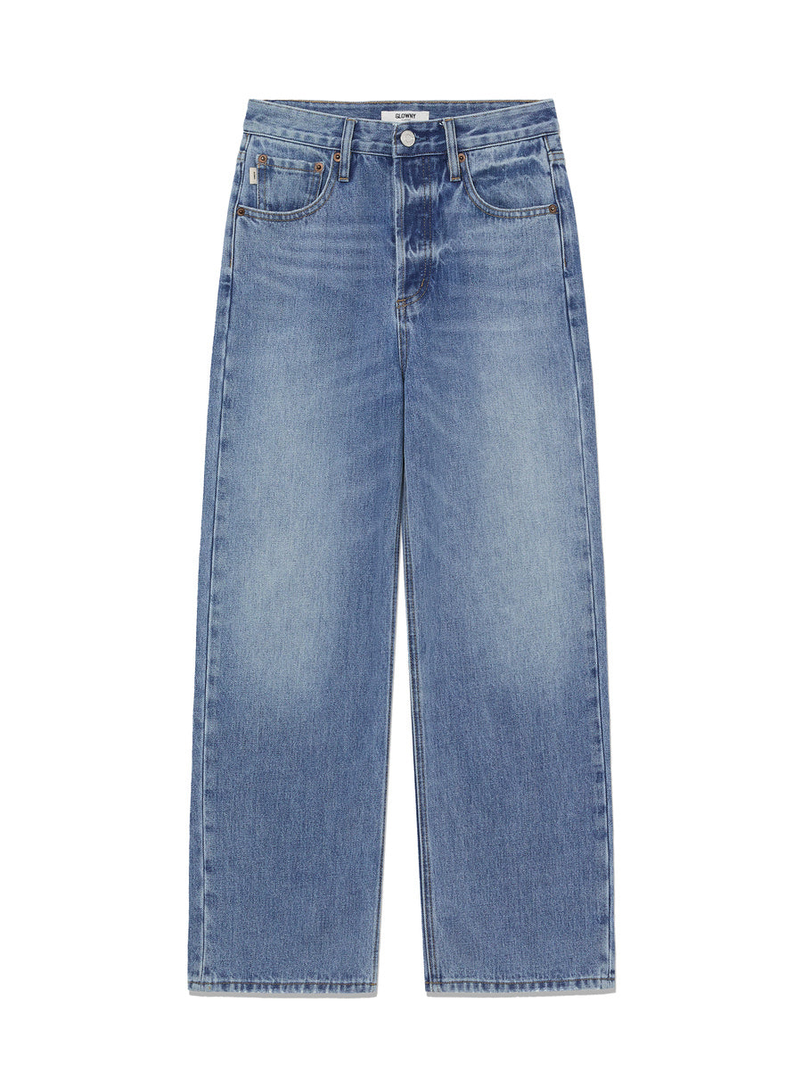 GLOWNY 90s High Rise Wide Leg Jeans (Short) (Mid Blue)