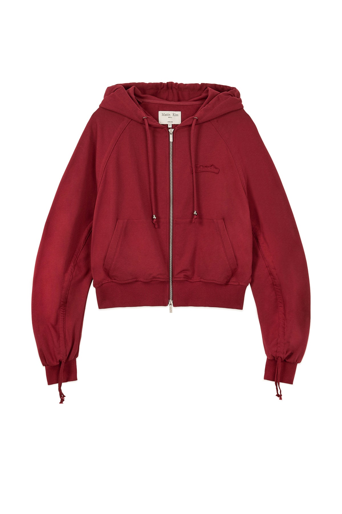 [matinkim] SLEEVE STRING DETAIL HOODY ZIP UP IN RED