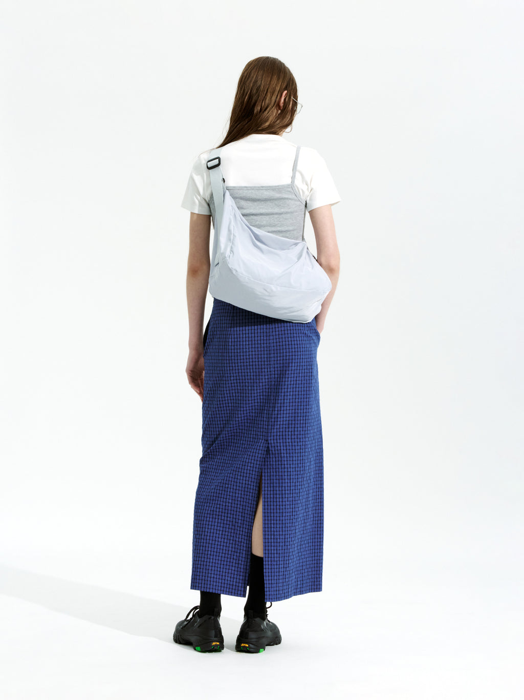 Low Classic Slit Checked Long Skirt Blue