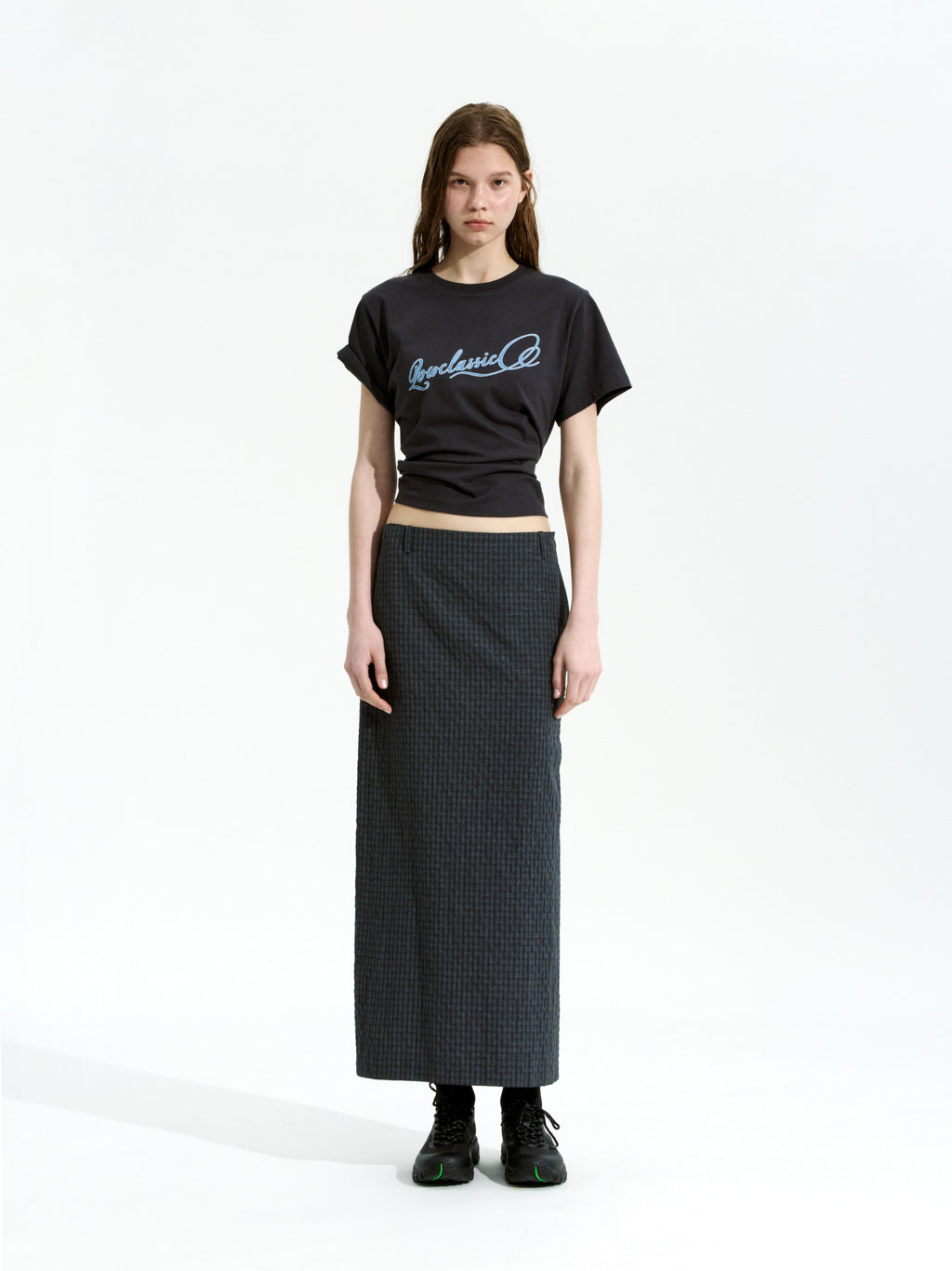 [Low Classic] Slit Checked Long Skirt_Black