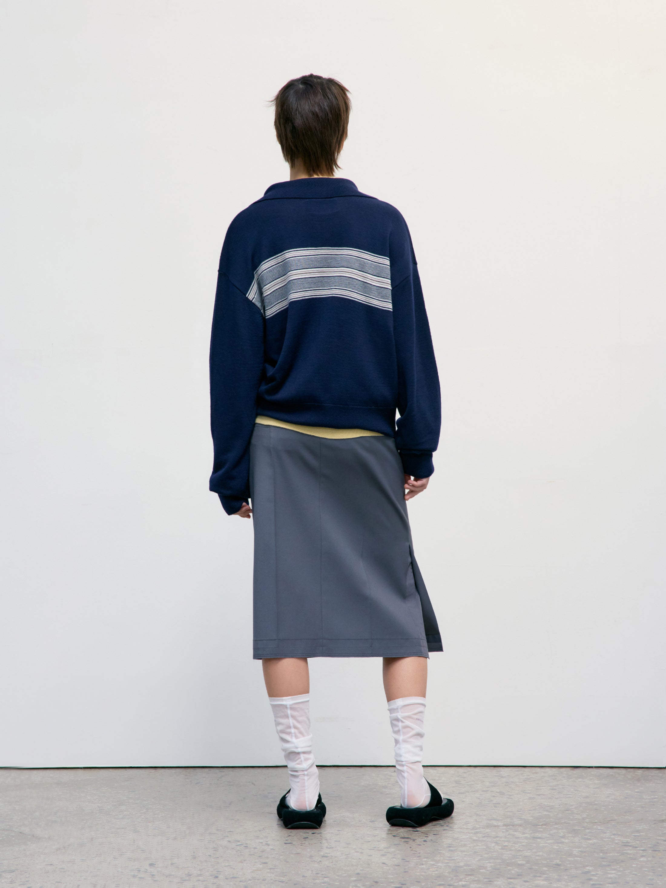 [Low Classic] Multi Stripe Pique Knit Top_Navy