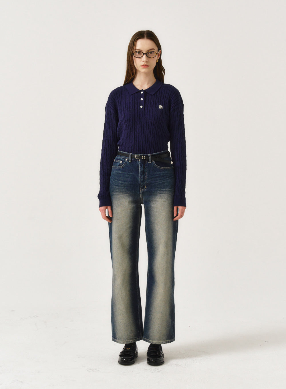 [satur] (W) Winsome Basic Cable Collar Knit - Breeze Navy