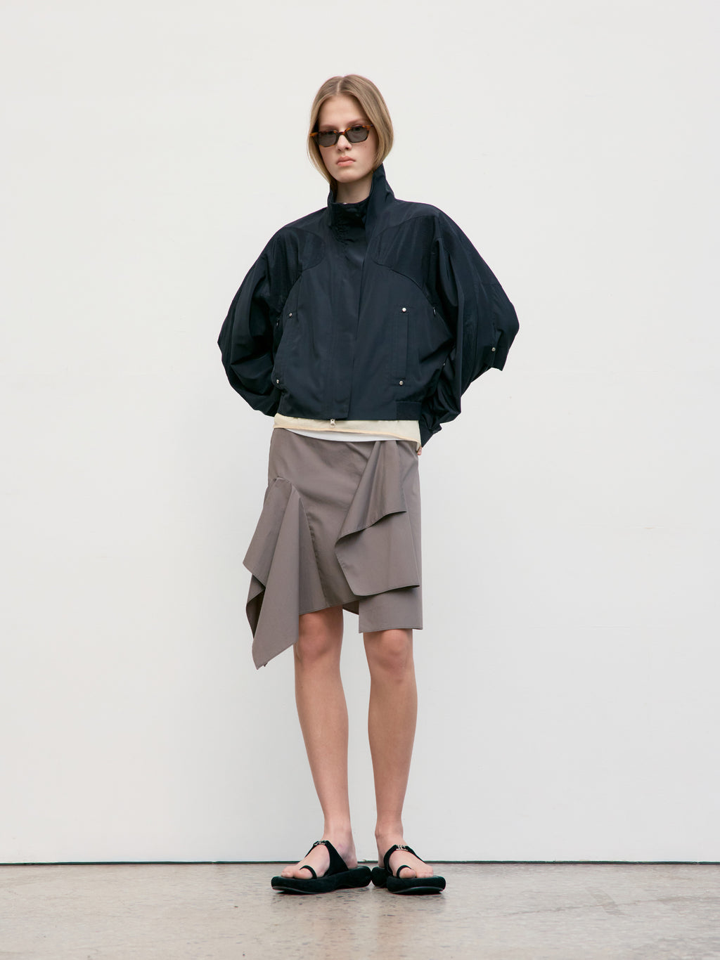 [Low Classic] Unbalance Drape Mini Skirt_Khaki Beige