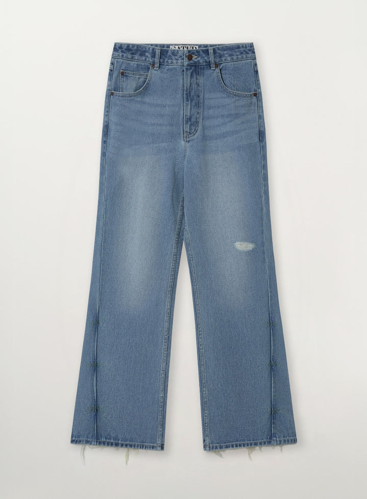 Satur Damage Washed Flare Fit Denim Pants - Blue