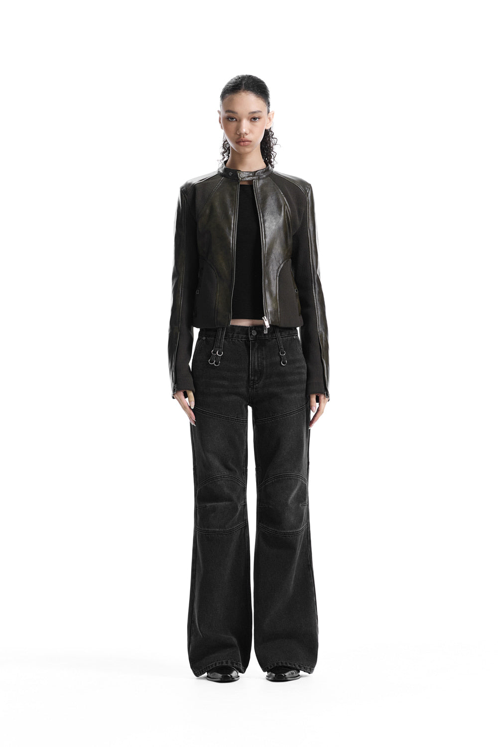 Treemingbird Rib Panel Slim Fit Leather Jacket Brown