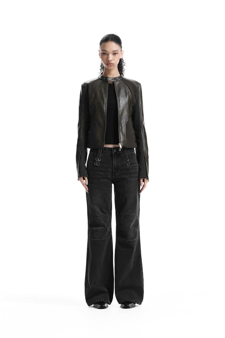 Treemingbird Rib Panel Slim Fit Leather Jacket Brown