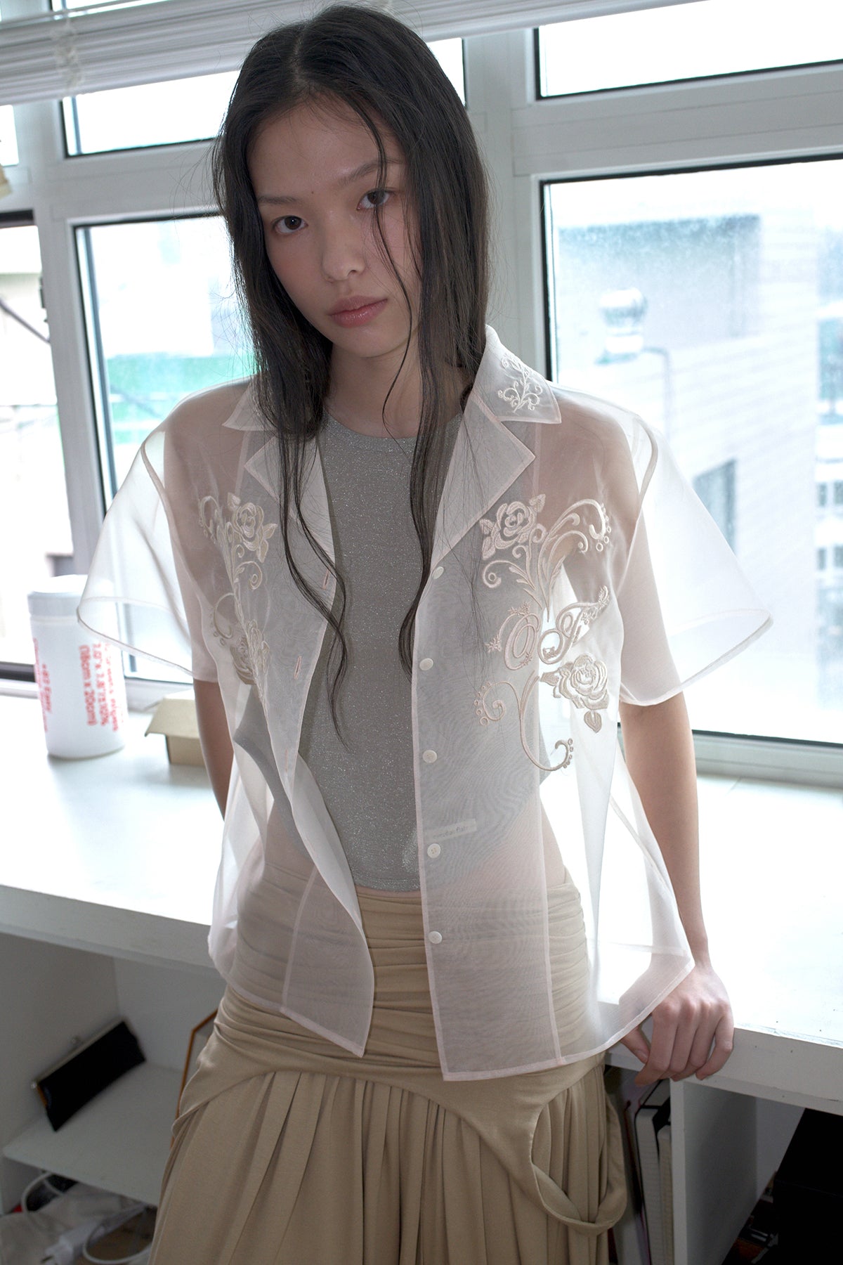 Overdueflair Embroidery Organza Shirt Cream