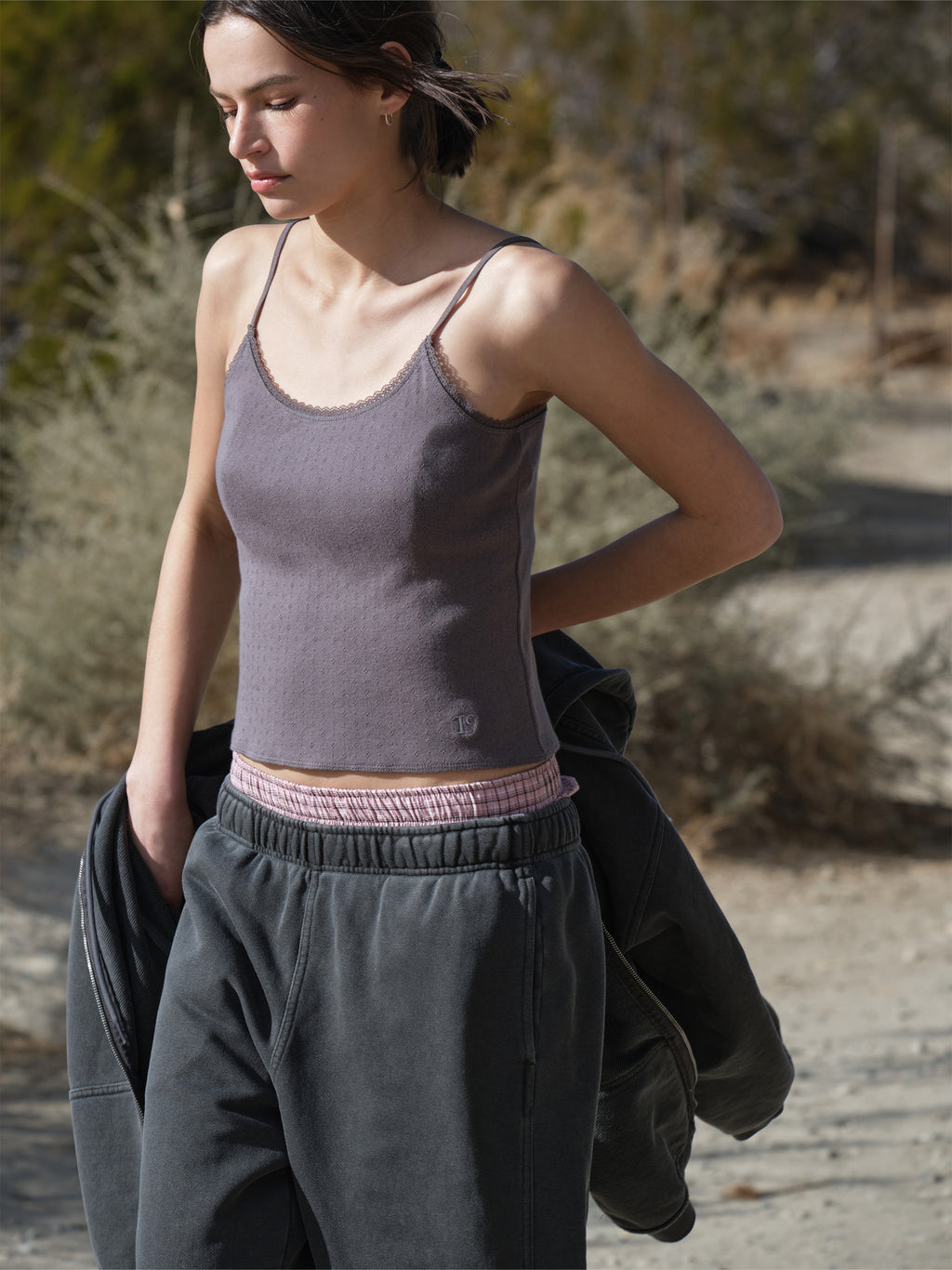 Low Classic Pointell Lace Sleeveless Charcoal