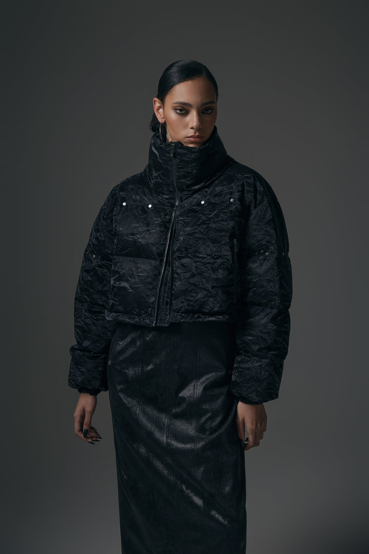 Treemingbird Rivet Point Crack Wrinkle Padding Jumper Black